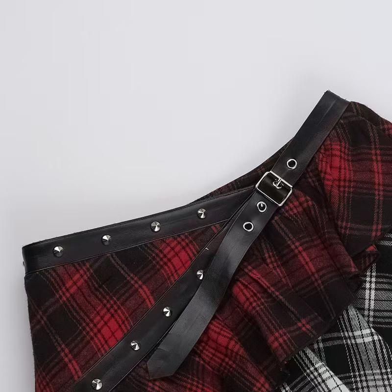 Mid Rise Plaid Ruffle Asymmetrical Buckled Panel Lace Mini A-Line Skirt Product Image