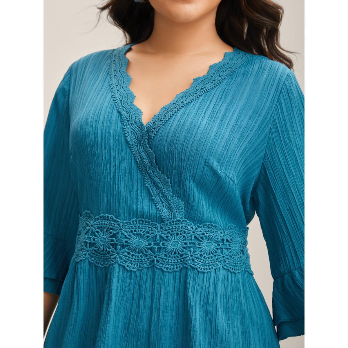 Plus Size Scalloped Lace Surplice Ruffled Midi Dress Teal Women Overlap Collar Elbow-length sleeve Curvy BloomChic 18-20/2X Product Image