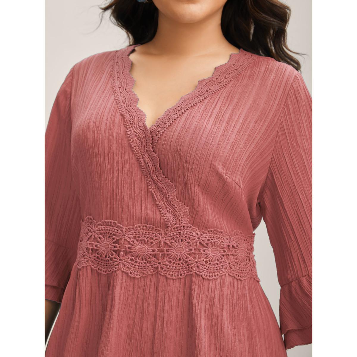 Plus Size Scalloped Lace Surplice Ruffled Midi Dress Blush Women Overlap Collar Elbow-length sleeve Curvy BloomChic 22-24/3X Product Image
