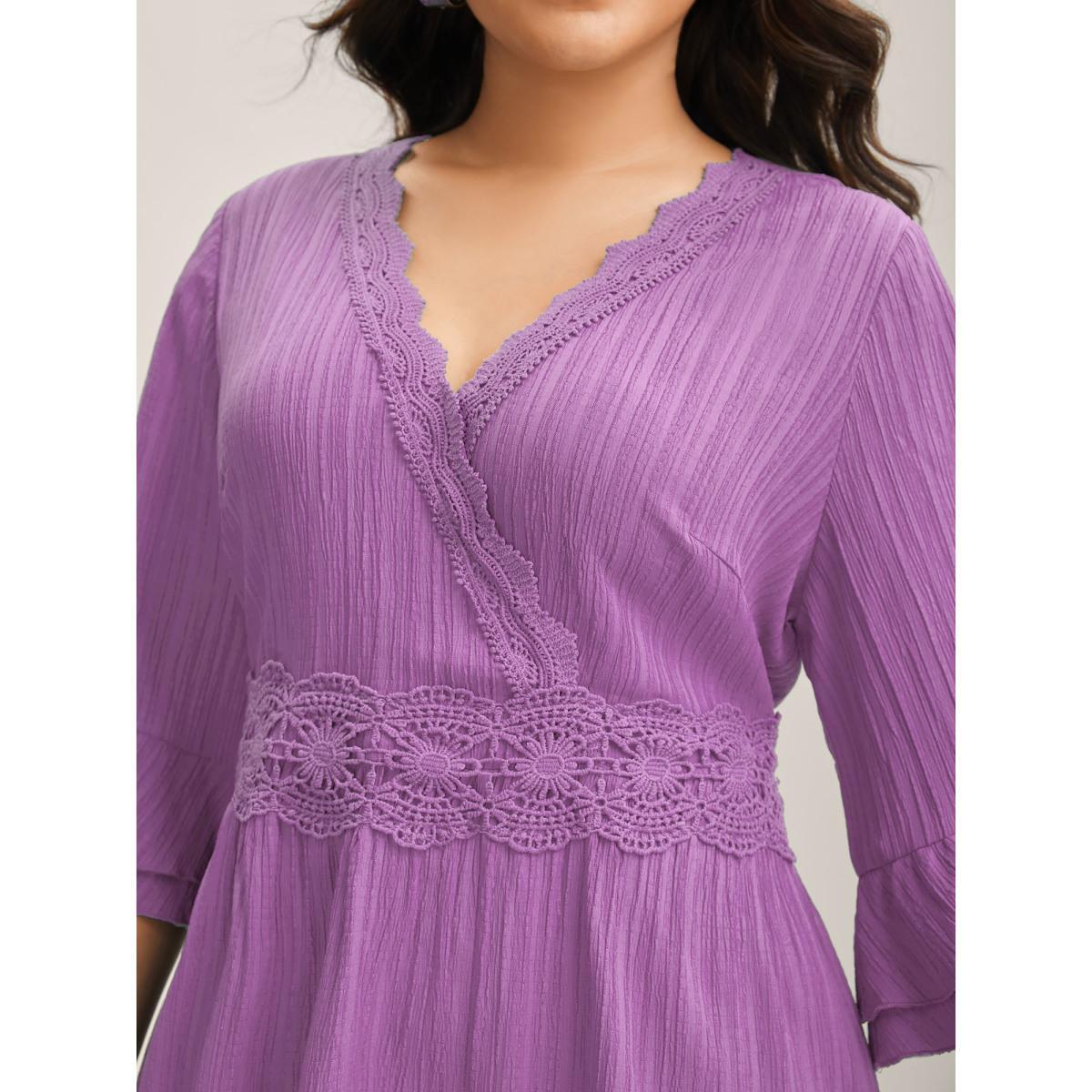Plus Size Scalloped Lace Surplice Ruffled Midi Dress Lilac Women Overlap Collar Elbow-length sleeve Curvy BloomChic 14-16/1X Product Image