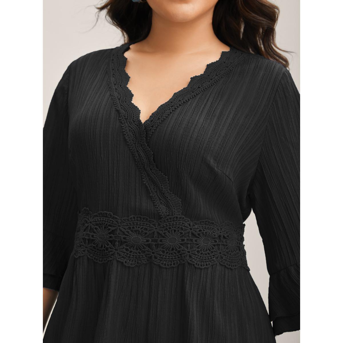 Plus Size Scalloped Lace Surplice Ruffled Midi Dress Black Women Overlap Collar Elbow-length sleeve Curvy BloomChic 22-24/3X Product Image