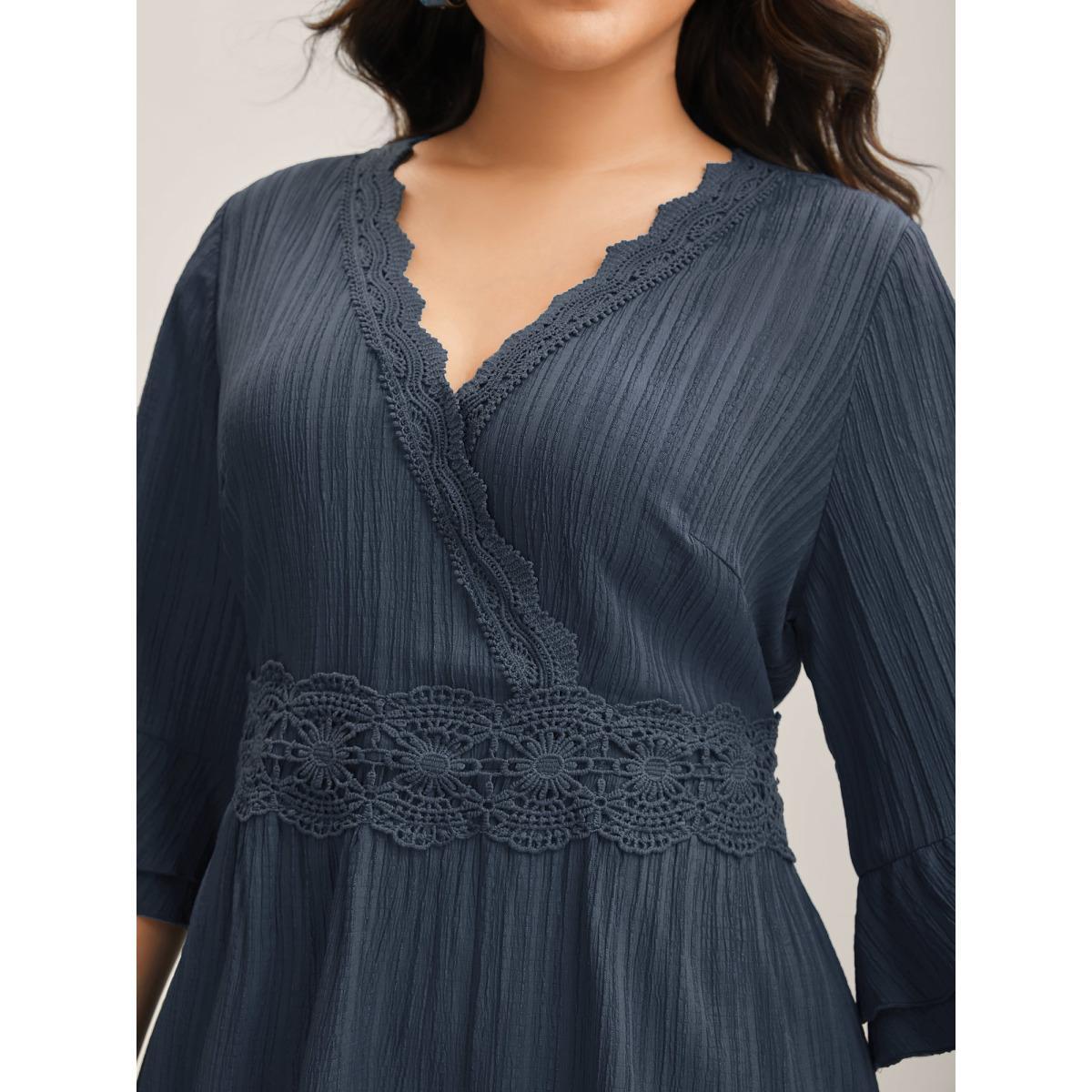 Plus Size Scalloped Lace Surplice Ruffled Midi Dress DarkBlue Women Overlap Collar Elbow-length sleeve Curvy BloomChic 14-16/1X Product Image