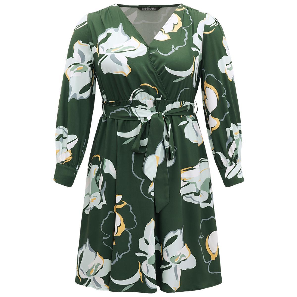 Plus Size Floral Print Belted Long Sleeve Dress DarkGreen Women Vacation Belted V-neck Long Sleeve Curvy Midi Dress BloomChic 26/4X Product Image