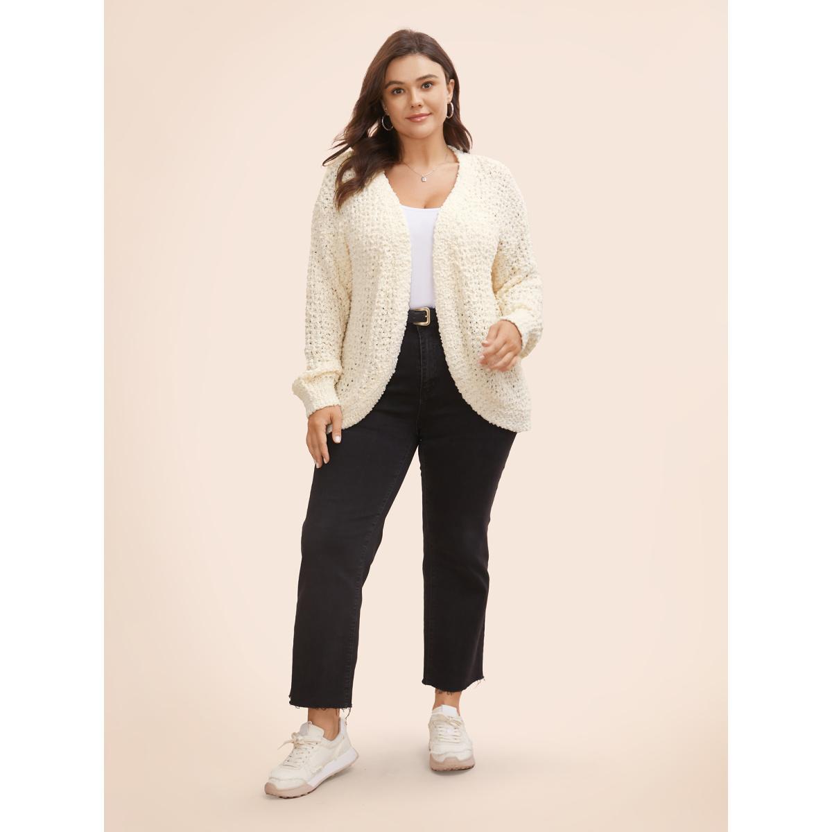 Plus Size Solid Textured Curved Hem Cardigan Beige Women Casual Loose Long Sleeve Everyday Cardigans BloomChic 30/6X Product Image