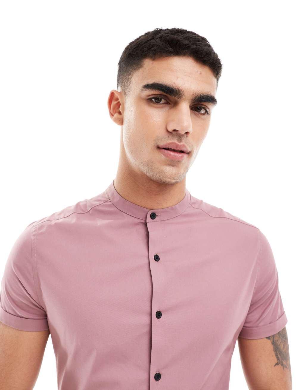 ASOS DESIGN skinny fit shirt with grandad collar in mauve  Product Image