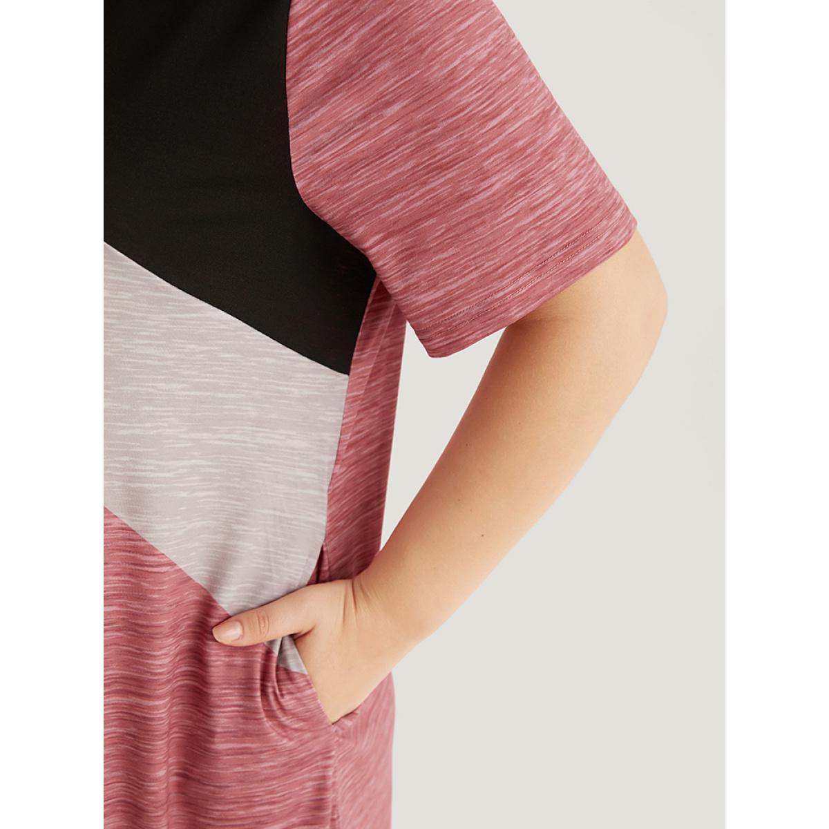 Plus Size Colorblock Contrast Striped Pocket Crew Neck Dress Russet Women Casual Patchwork Round Neck Short sleeve Curvy Midi Dress BloomChic 22-24/3X Product Image