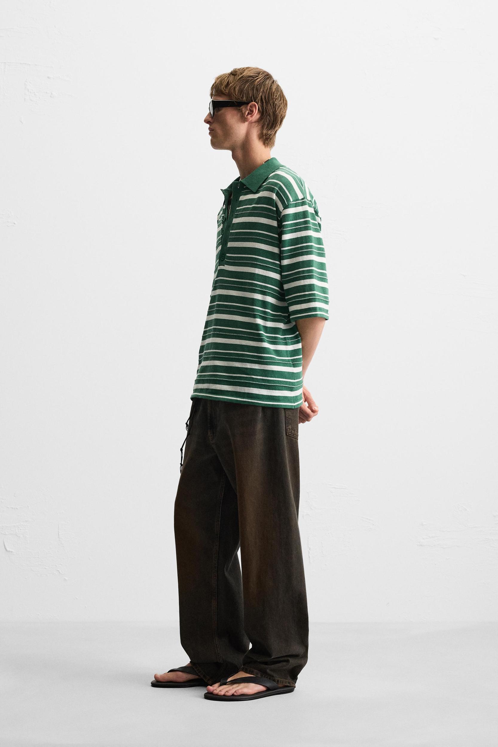STRIPED TEXTURED KNIT POLO SHIRT Product Image