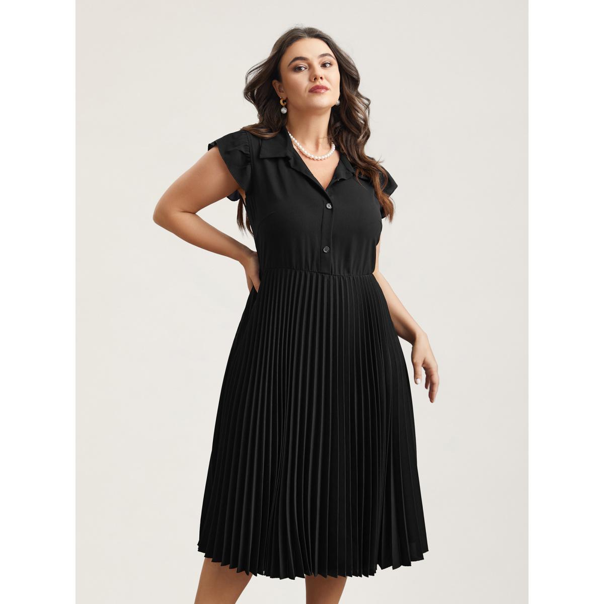 Plus Size Pleated Shirt Collar Solid Midi Dress Black Women At the Office Pleated Shirt collar Cap Sleeve Curvy BloomChic 14-16/1X Product Image