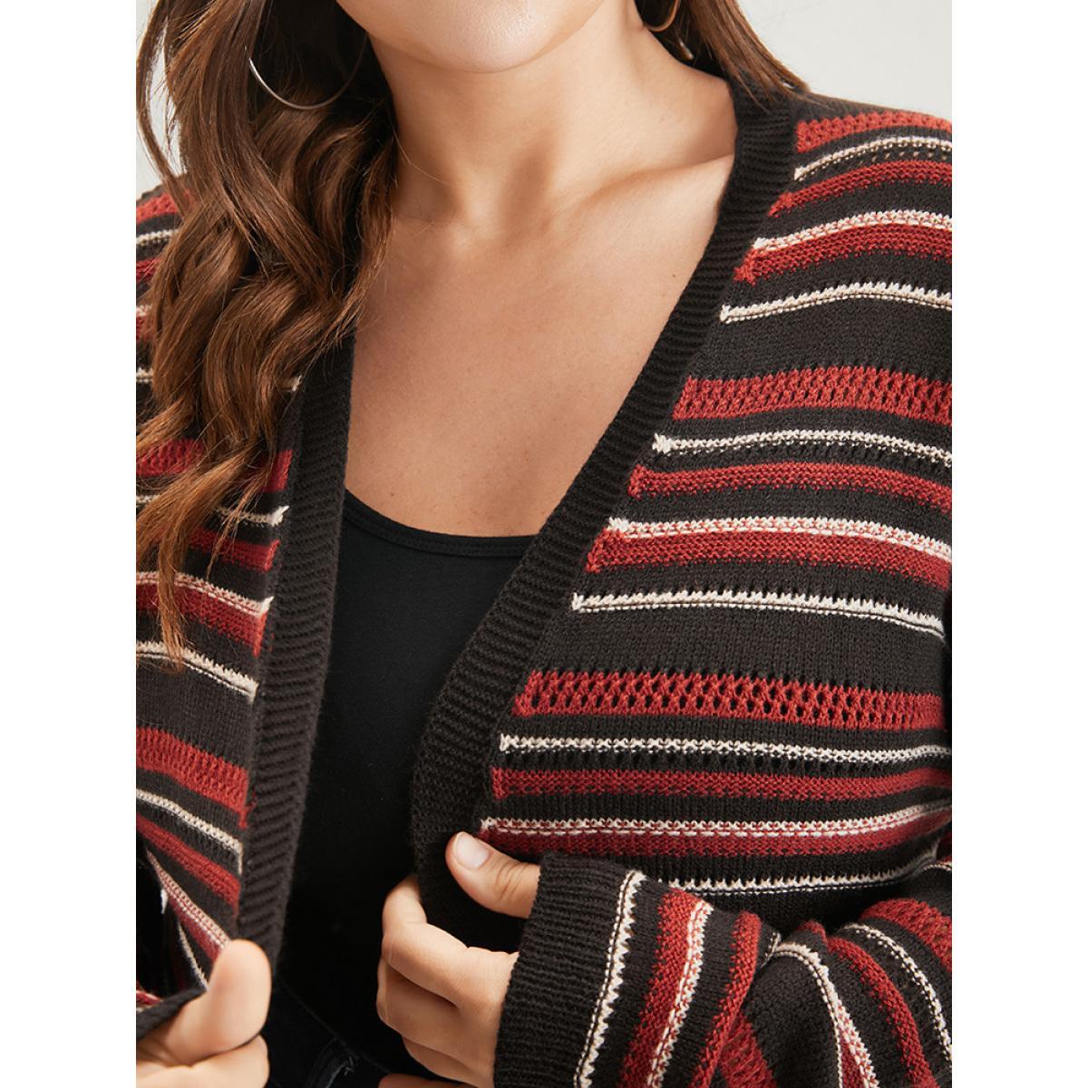 Plus Size Striped Contrast Pointelle Knit Pocket Open Front Long Cardigan Multicolor Women Casual Loose Long Sleeve Dailywear Cardigans BloomChic 14-16/1X Product Image