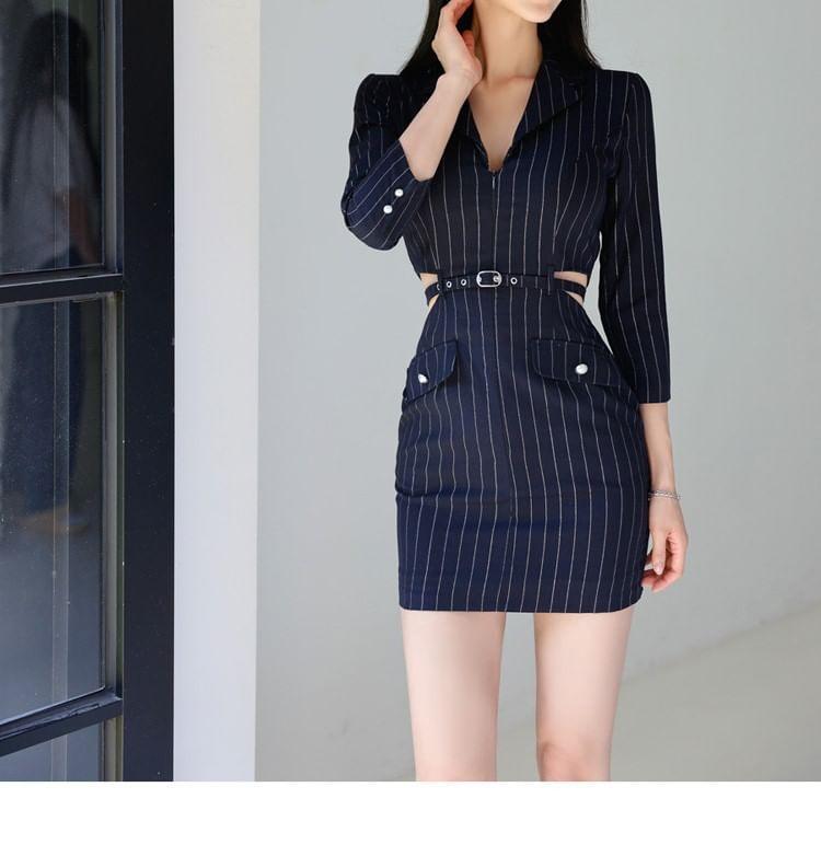 3/4-Sleeve V-Neck Striped Cutout Mini Sheath Dress Product Image