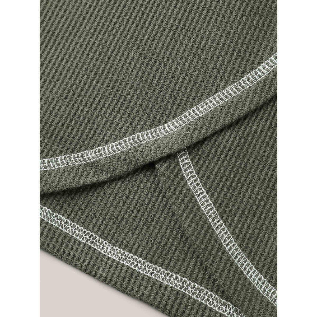 Plus Size Waffle High Low Hem Zipper T-Shirt ArmyGreen Women Topstitching Round Neck Everyday-Casual T-shirts BloomChic 26/4X Product Image
