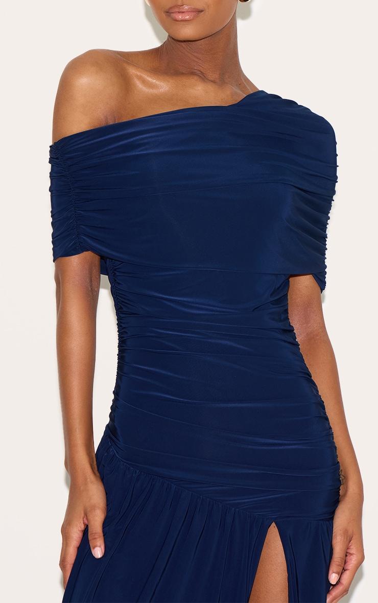 Navy Double Layer Slinky Bardot One Shoulder Ruched Maxi Dress Product Image