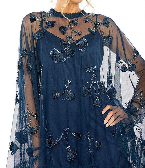Mac Duggal Mock Neck Long Flared Sleeve Mesh A-Line Mini Dress Product Image