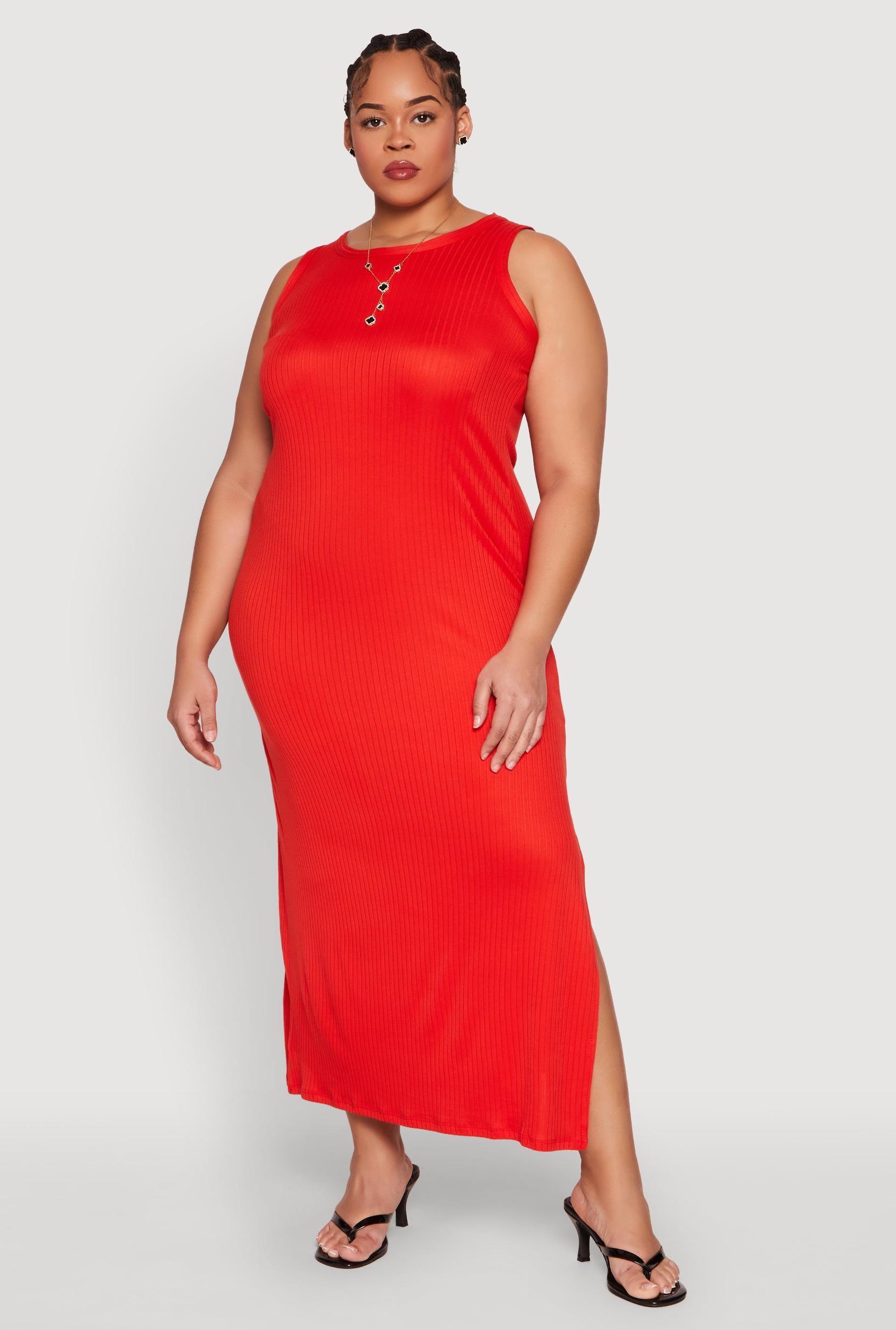 Womens Plus Size Ribbed Knit Side Slit Maxi Tank Dress Product Image