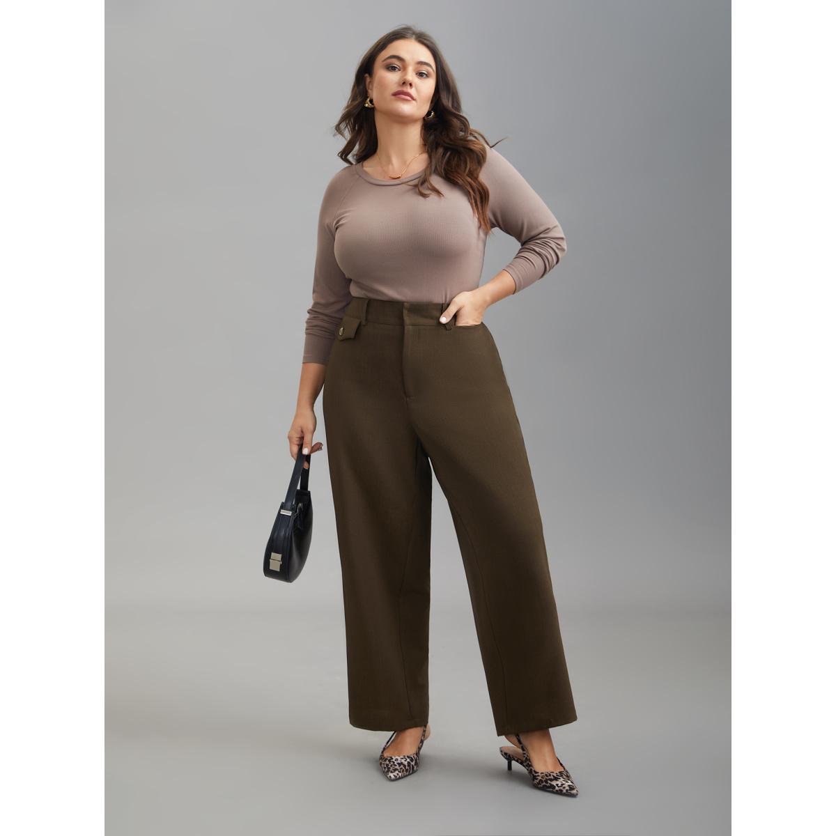 Plus Size Stretchy-Waist Decorative Pockets Straight-Leg Pants Women DarkBrown At the Office Straight Leg Mid Rise Work Pants BloomChic 12/L Product Image