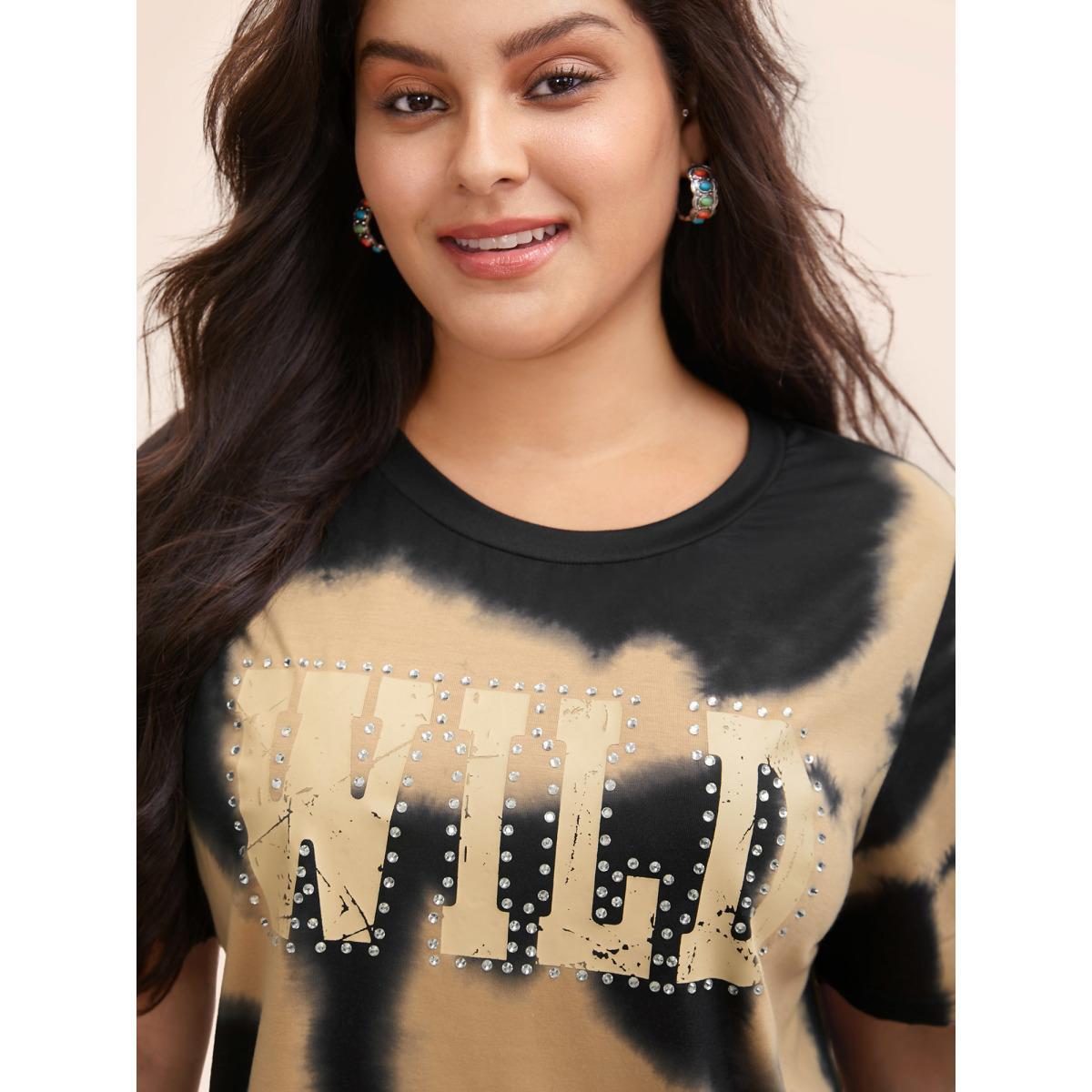 Plus Size Tie Dye Wild Logo T-shirt LightBrown Women Casual Rhinestone detailing Positive slogan Round Neck Everyday T-shirts BloomChic 14-16/1X Product Image