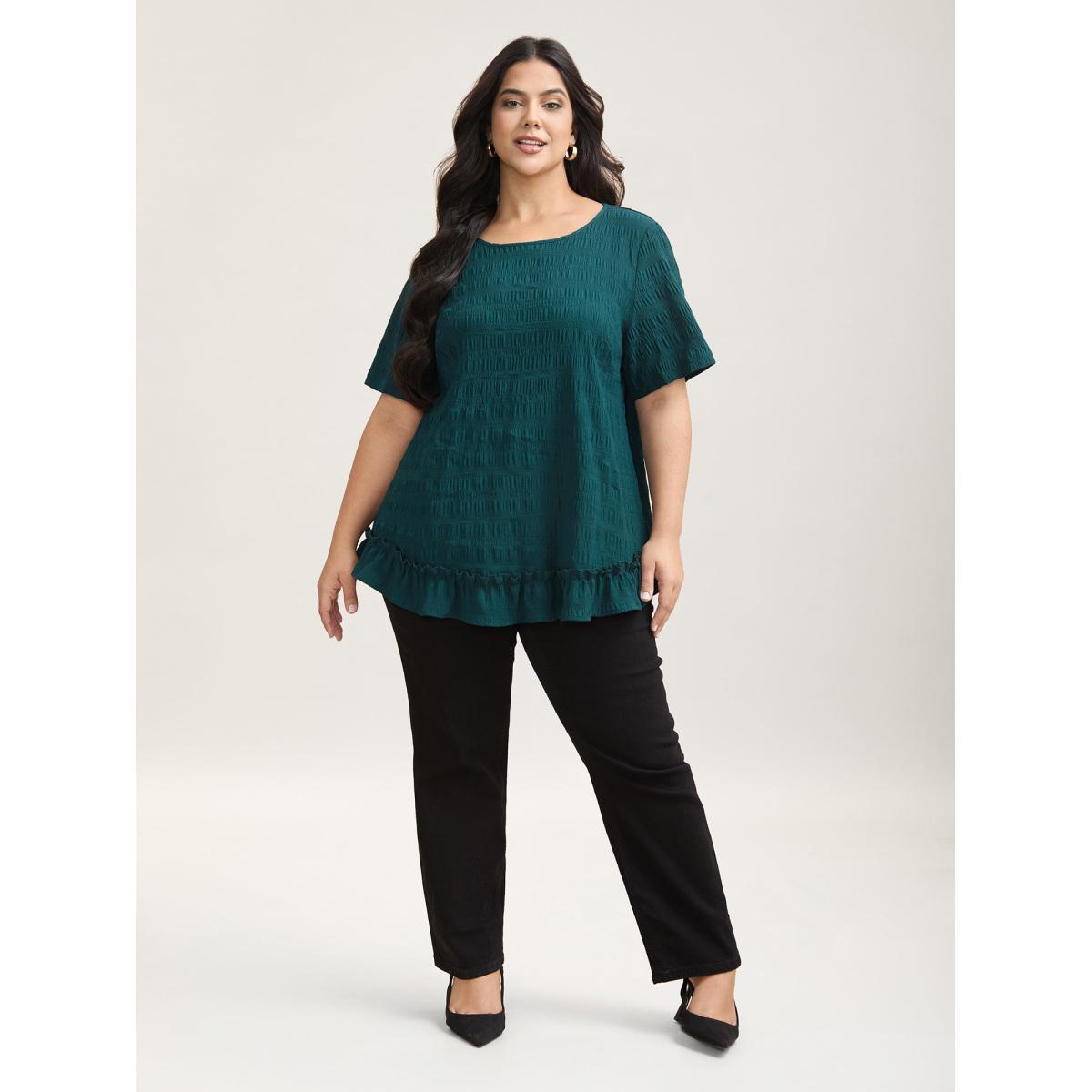 Plus Size Cyan Textured Spliced Ruffle Edge Top Women Casual Short sleeve Round Neck Everyday Blouses BloomChic 18-20/2X Product Image