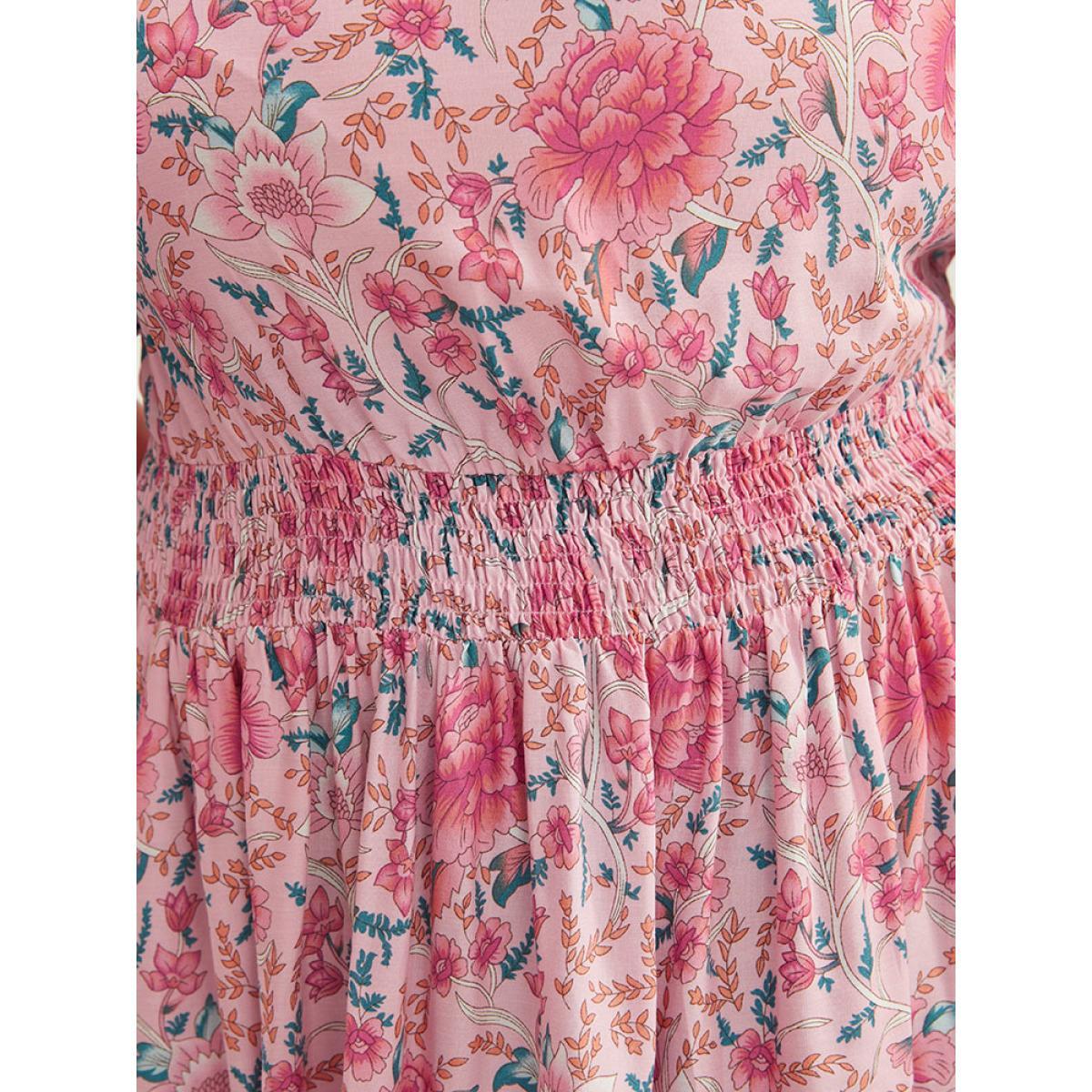 Plus Size Bandana Print Square Neck Pocket Ruffles Shirred Dress Pink Women Vacation Pocket Square Neck Short sleeve Curvy Knee Dress BloomChic 22-24/3X Product Image