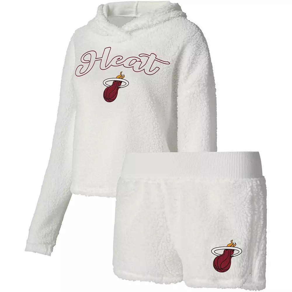 Women's College Concepts Cream Miami Heat Fluffy Long Sleeve Hoodie T-Shirt & Shorts Sleep Set, Size: 2XL, Beige Product Image