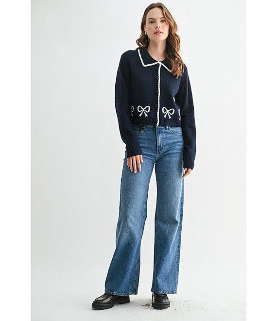 All in Favor Collared Bow Print Long Sleeve Cardigan Product Image