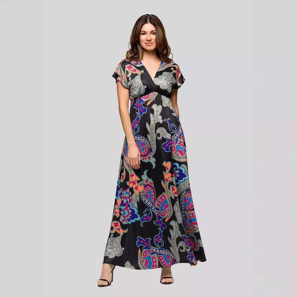 Women's 24Seven Comfort Apparel V-Neck Empire Waist Cap Sleeve Maxi Dress, Size: Medium, Black Team Product Image