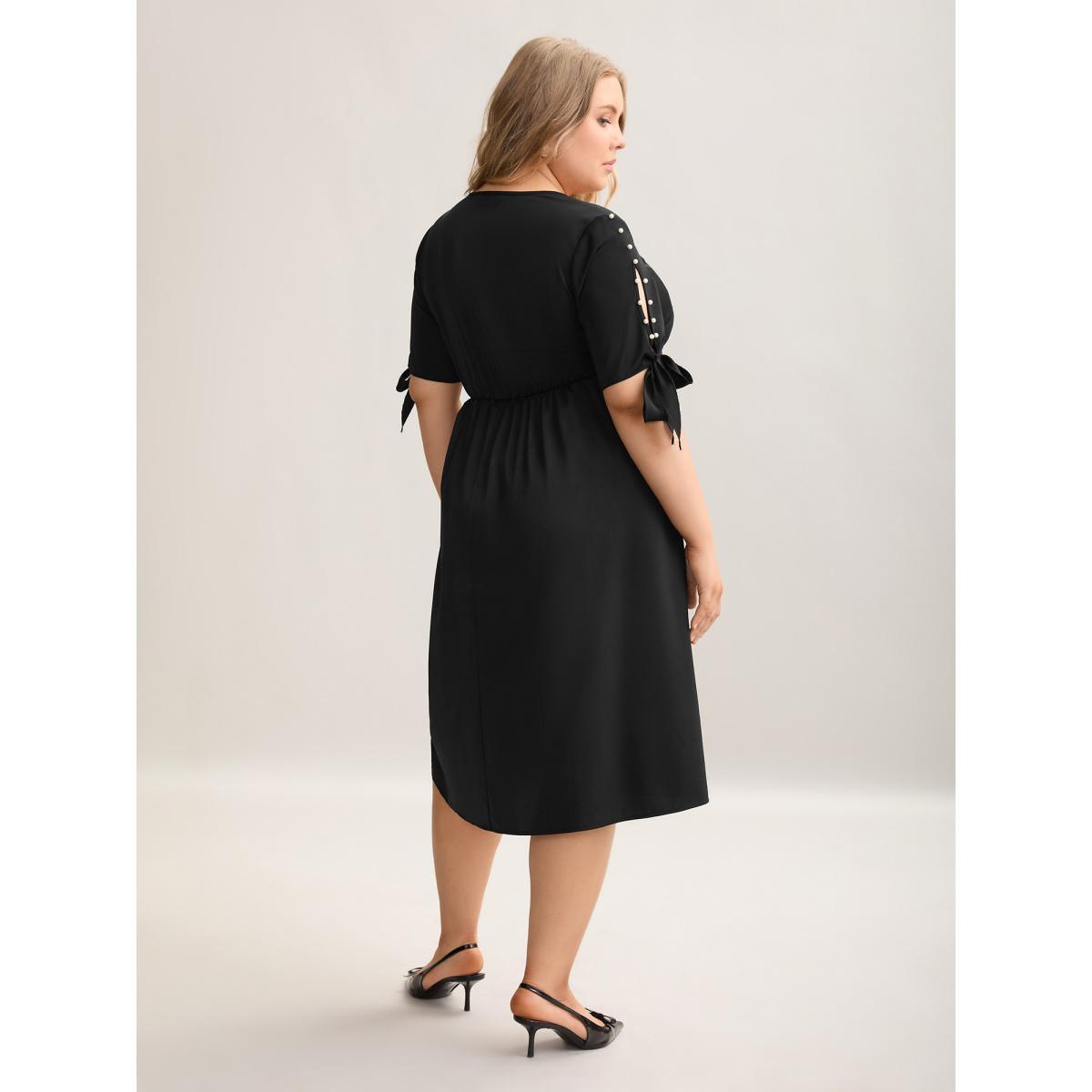 Plus Size Cut-Out Sleeve Beaded Pockets Midi Dress Black Women At the Office Tie knot V-neck Short sleeve Curvy BloomChic 28/5X Product Image