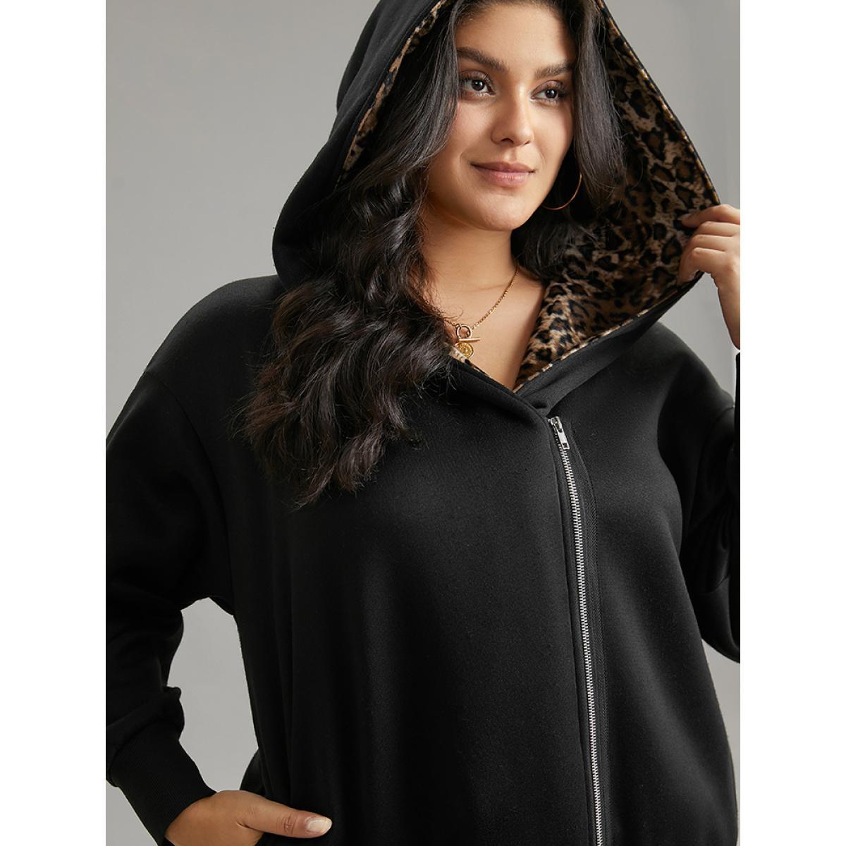 Plus Size Leopard Patchwork Zipper Hooded Jacket Women Black Contrast Pocket Dailywear Jackets BloomChic 22-24/3X Product Image