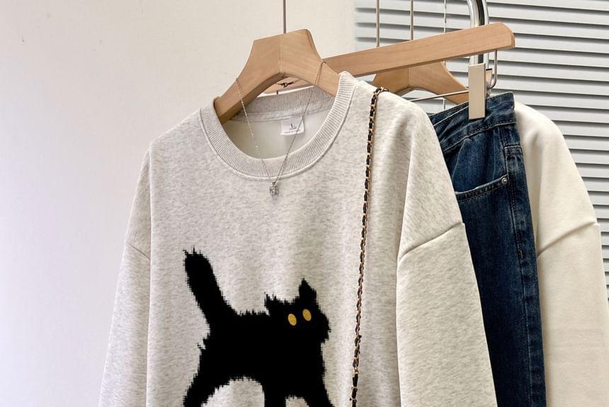 Crew Neck Cat Print Pullover Product Image