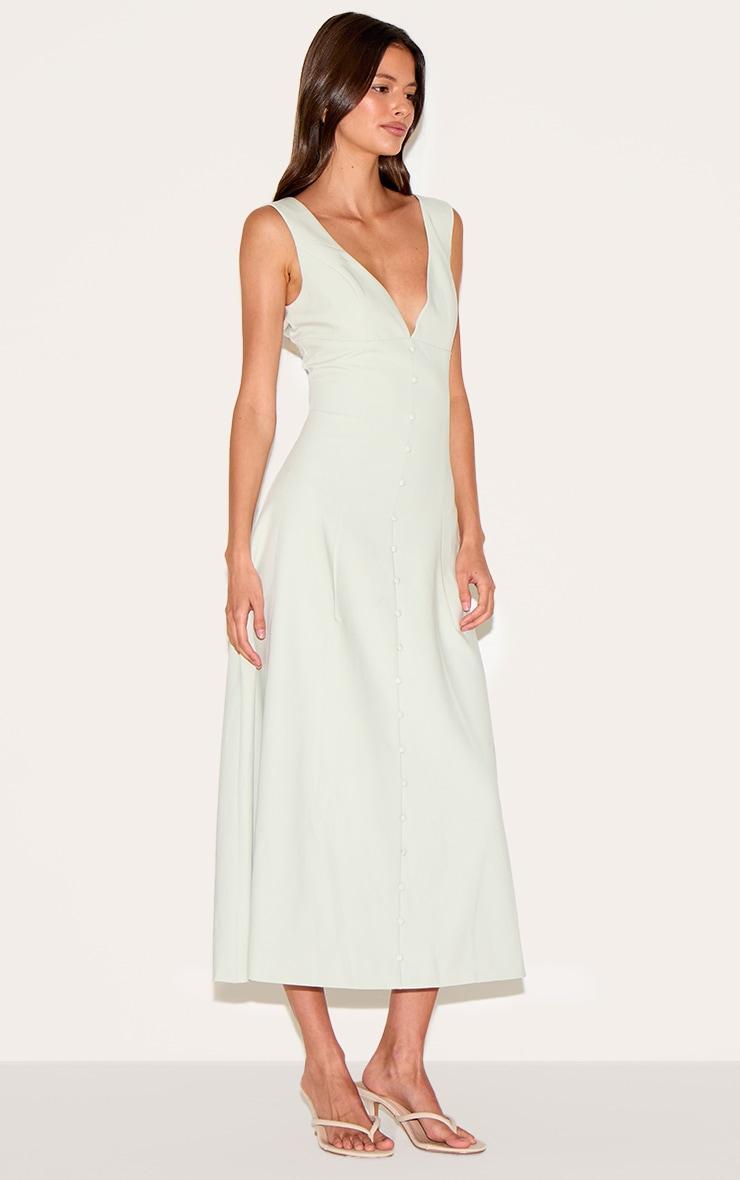  Sage Green Tailored Woven Plunge Button Down Midi Dress Product Image