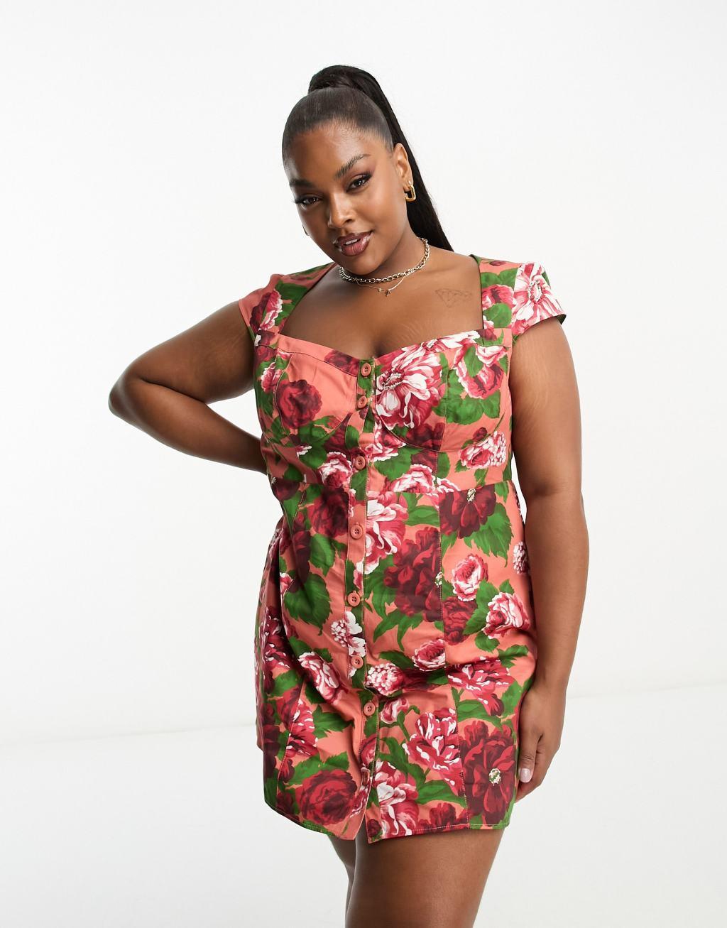 ASOS DESIGN Curve mini button through twill dress with cup detail Product Image