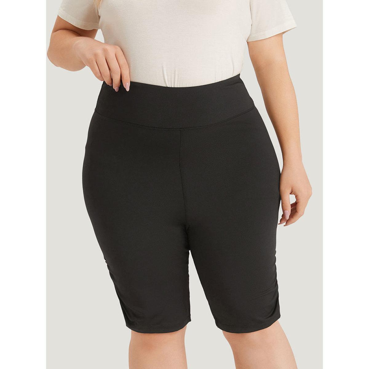 Plus Size Solid Ruched Wideband Waist At The Knees Leggings Women Black Elegant High stretch Skinny High Rise Dailywear Leggings BloomChic 12/L Product Image