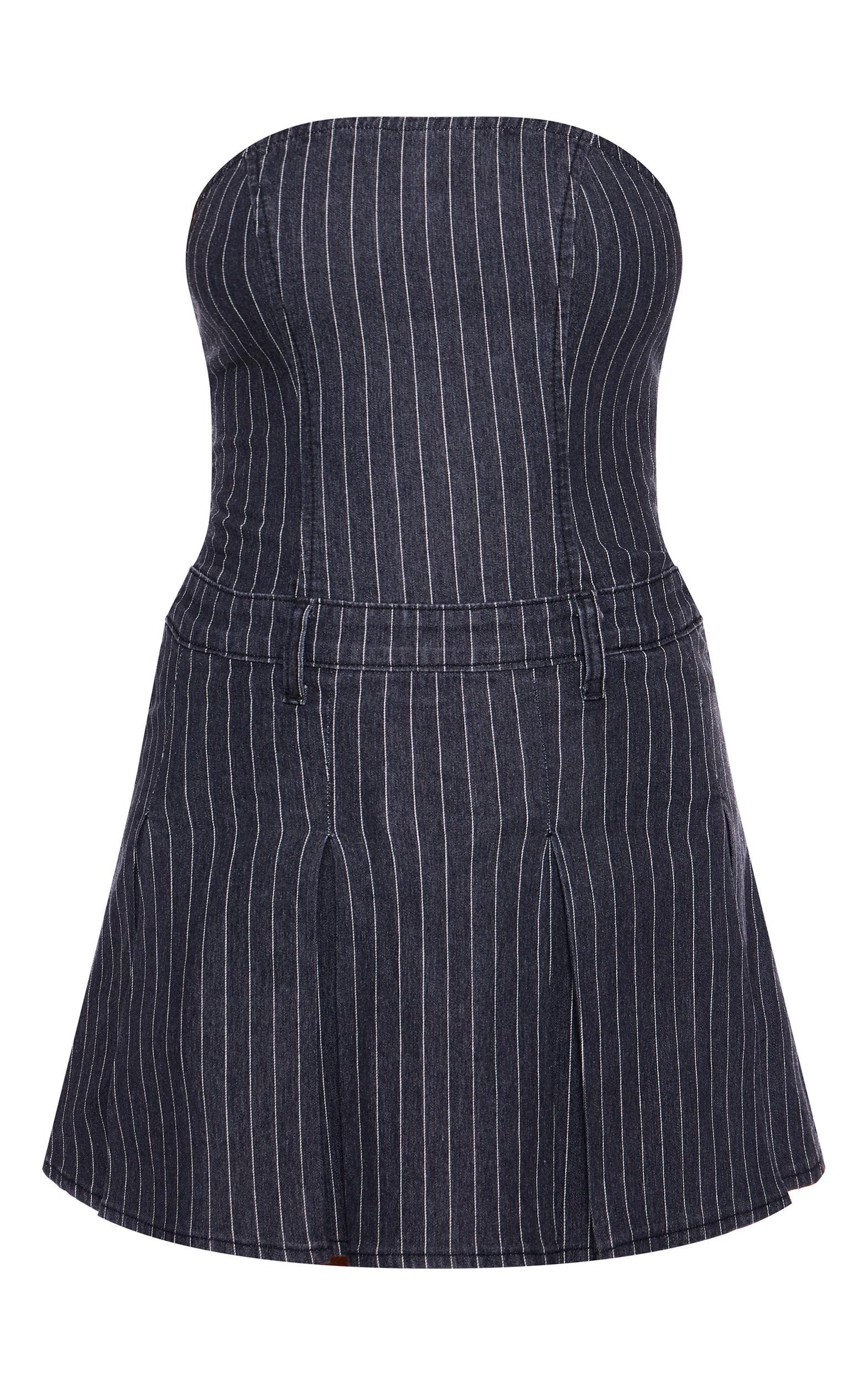 Navy Pinstripe Denim Pleated Bandeau Skater Dress Product Image