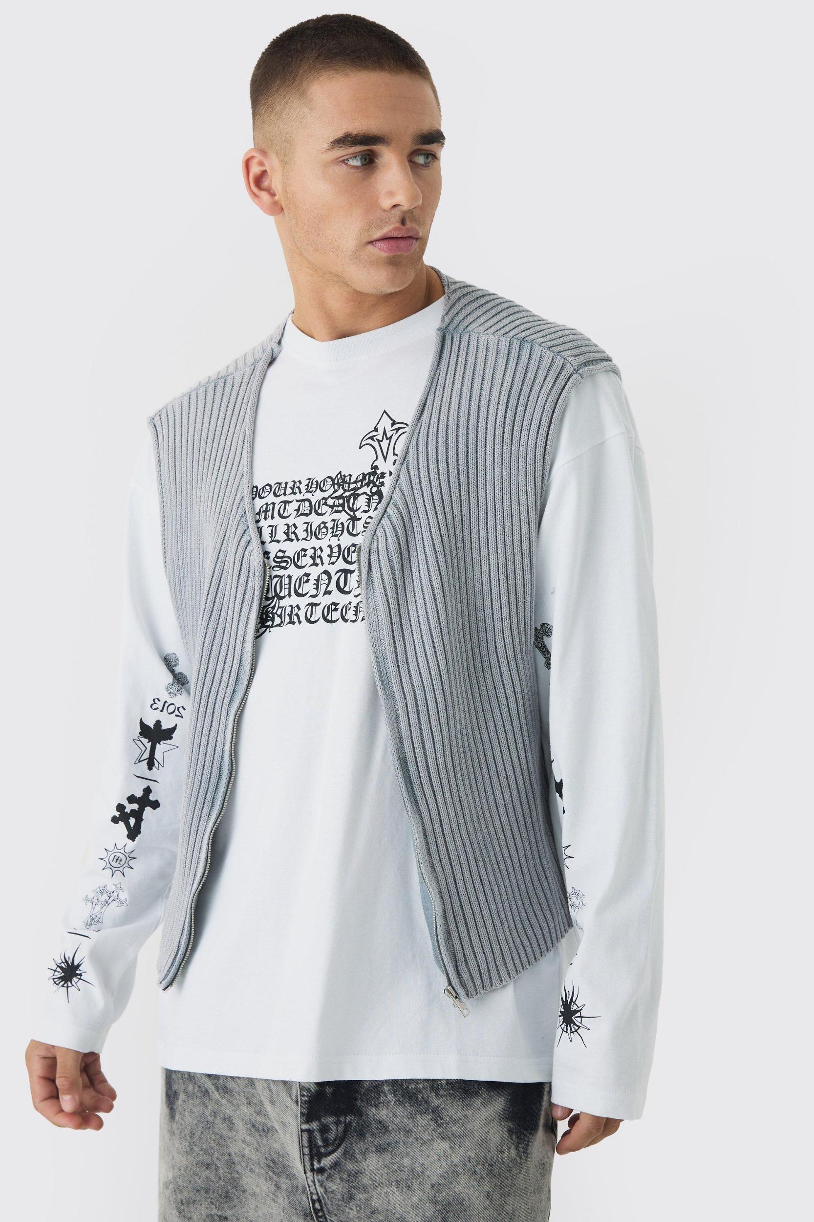 Boxy Acid Wash Ribbed Knit Vest In Grey | boohooMAN USA Product Image