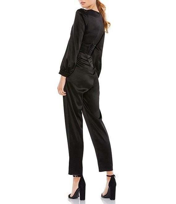 Mac Duggal Satin Charmeuse Plunge V-Neck Puff Sleeve Straight Leg Jumpsuit Product Image