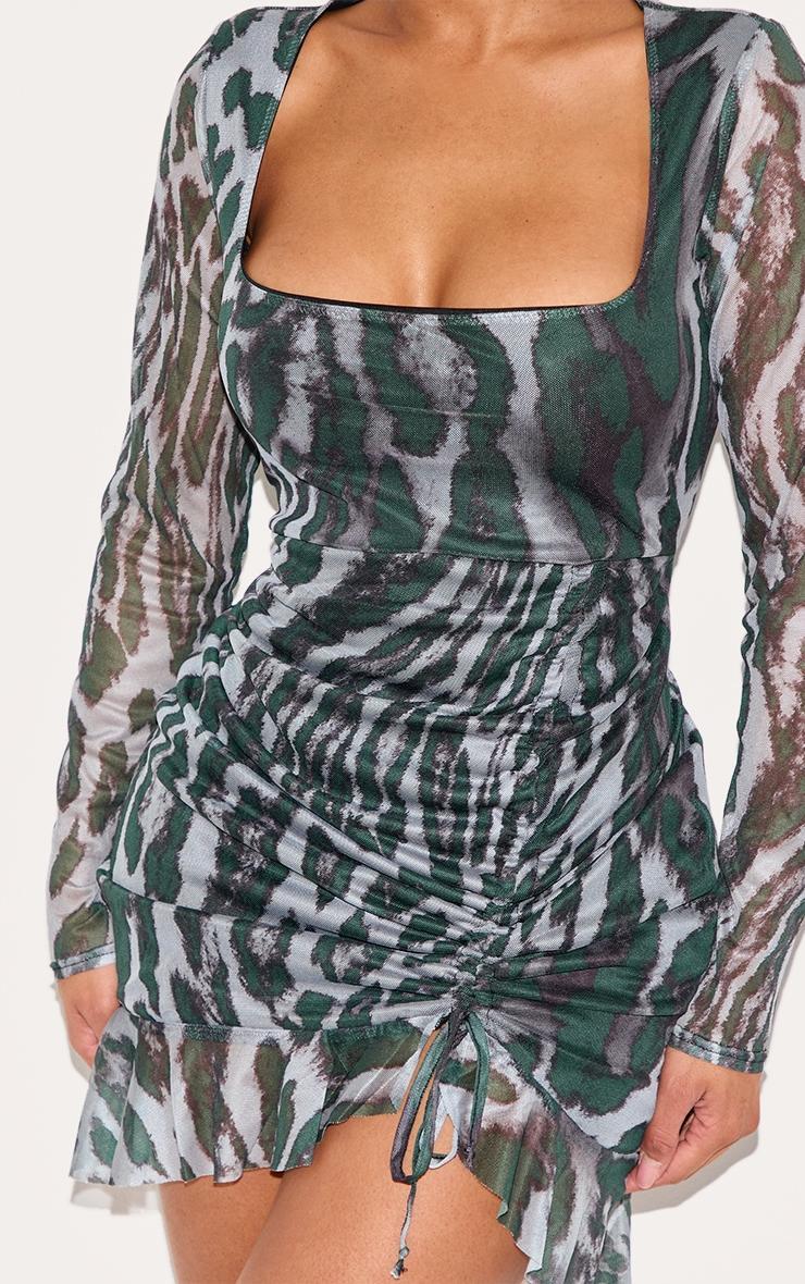 Shape Green Abstract Print Mesh Long Sleeve Ruched Side Frill Hem Bodycon Dress Product Image