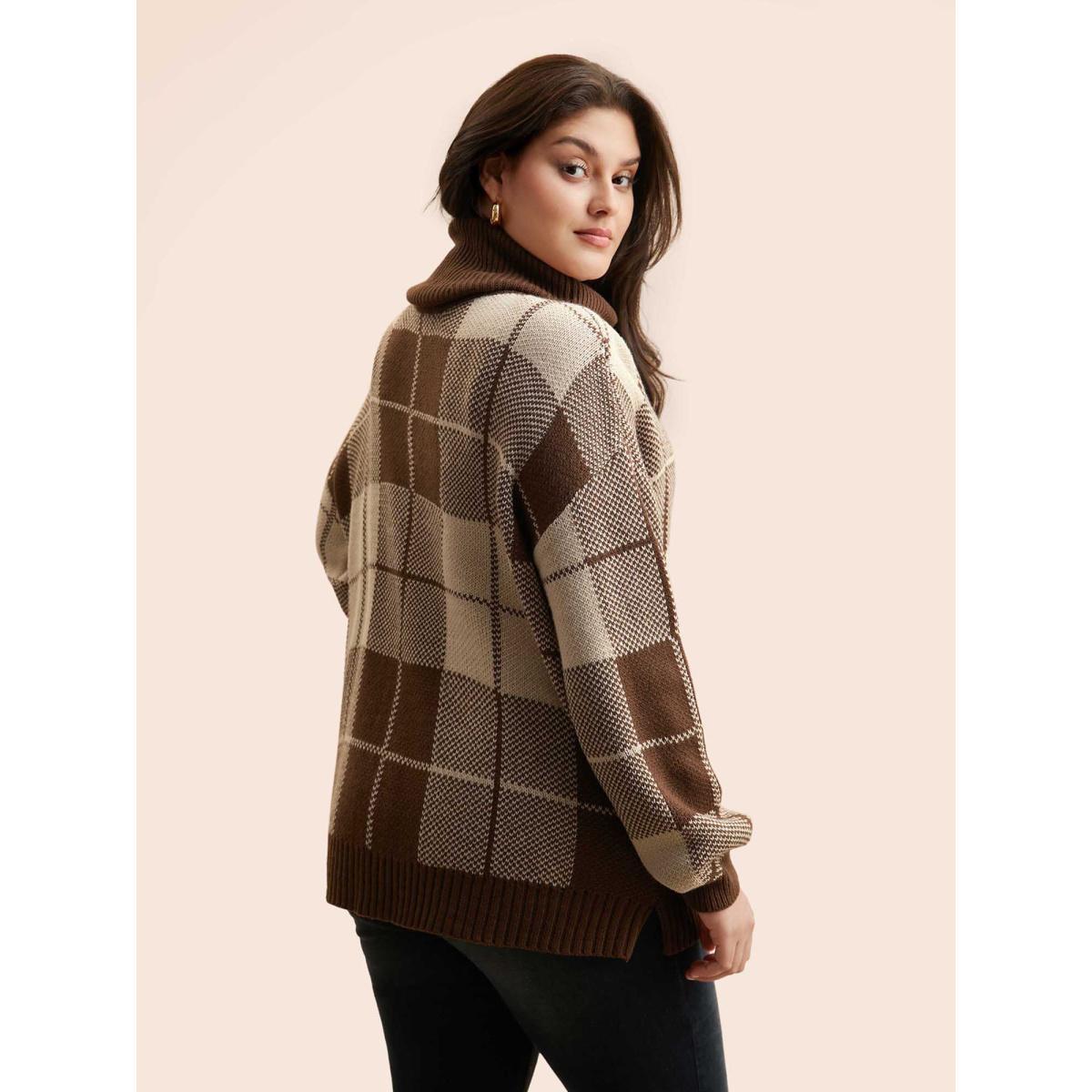 Plus Size Plaid Turtleneck Drop Shoulder Pullover Browncoffeecolor Women Casual Loose Long Sleeve Turtleneck Everyday Pullovers BloomChic 18-20/2X Product Image