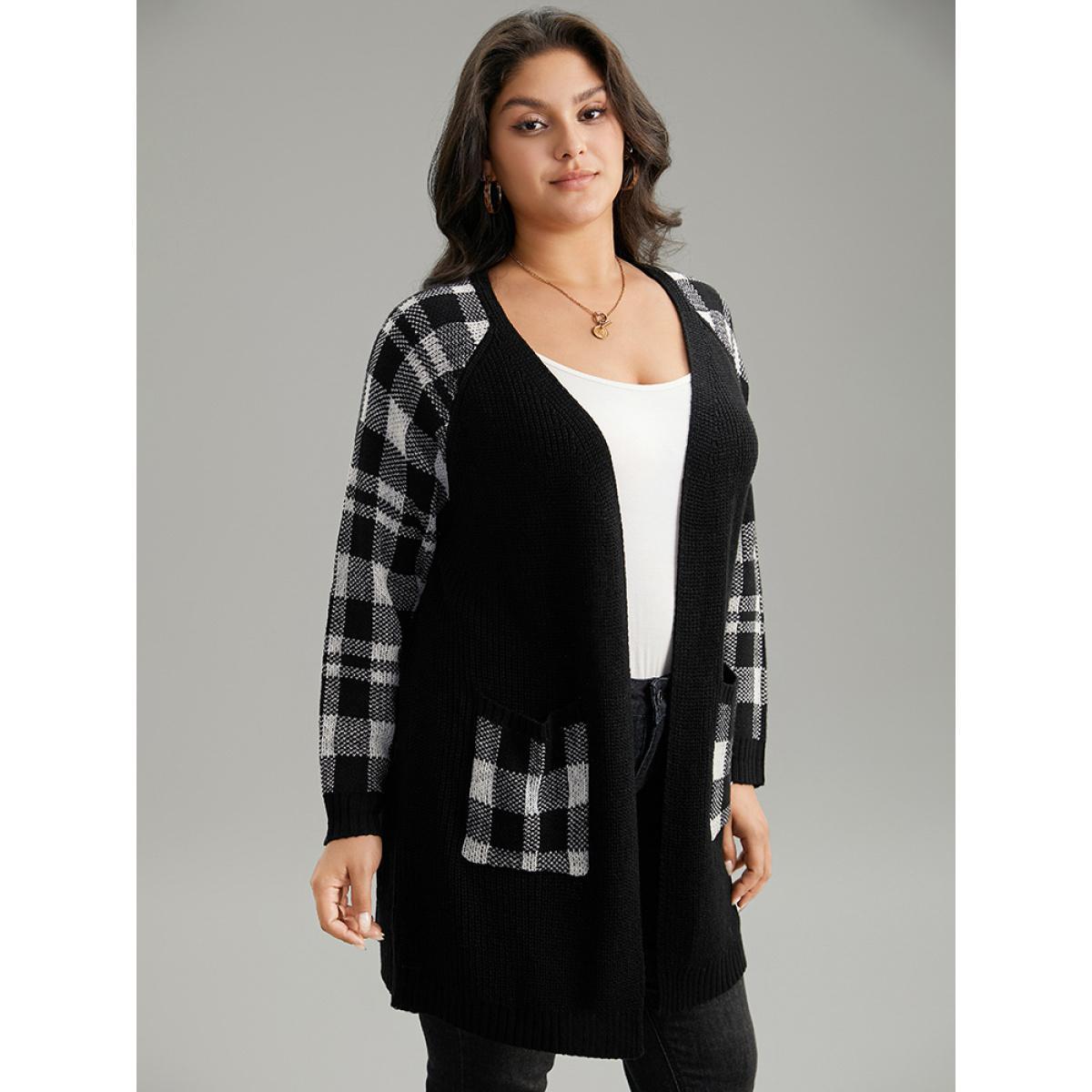 Plus Size Plaid Patchwork Patched Pocket Raglan Sleeve Cardigan Black Women Casual Loose Long Sleeve Dailywear Cardigans BloomChic 14-16/1X Product Image