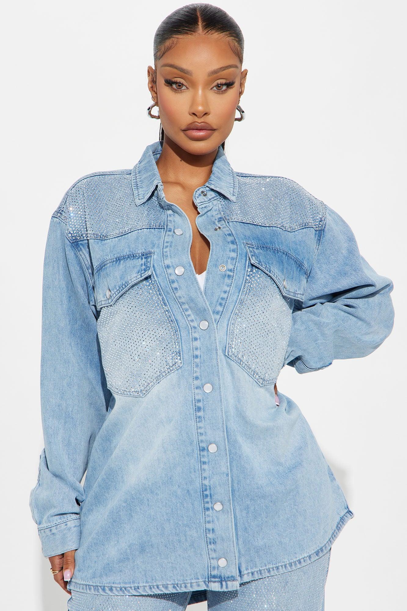Better Perspective Embellished Denim Shacket - Light Wash Product Image