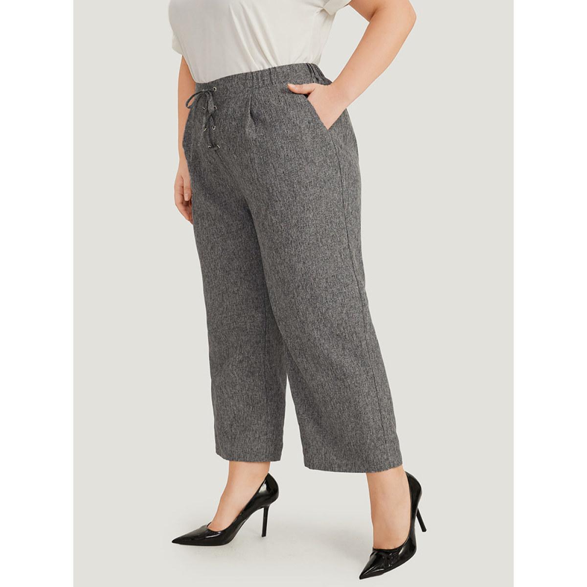 Plus Size Plain Lace Up Pleated Straight Leg Pants Women Gray Office Straight Leg High Rise Work Pants BloomChic 18-20/2X Product Image