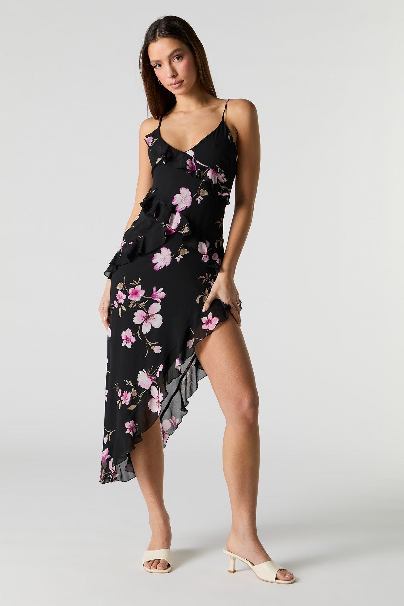 Floral Chiffon Ruffle Asymmetrical Midi Dress Female Product Image