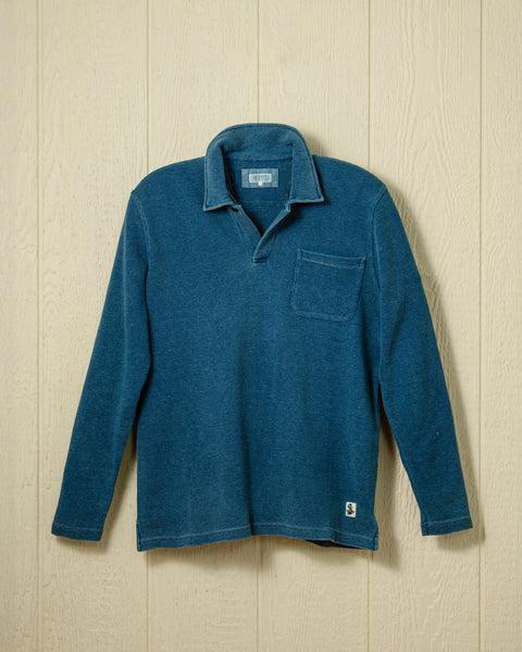 Long Sleeve Indigo Polo in Solid Waffle Knit Product Image