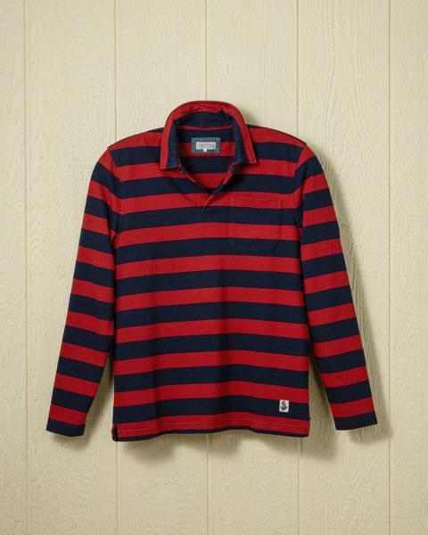 Long Sleeve Indigo Polo in Navy/Burgundy Wide Stripe Product Image