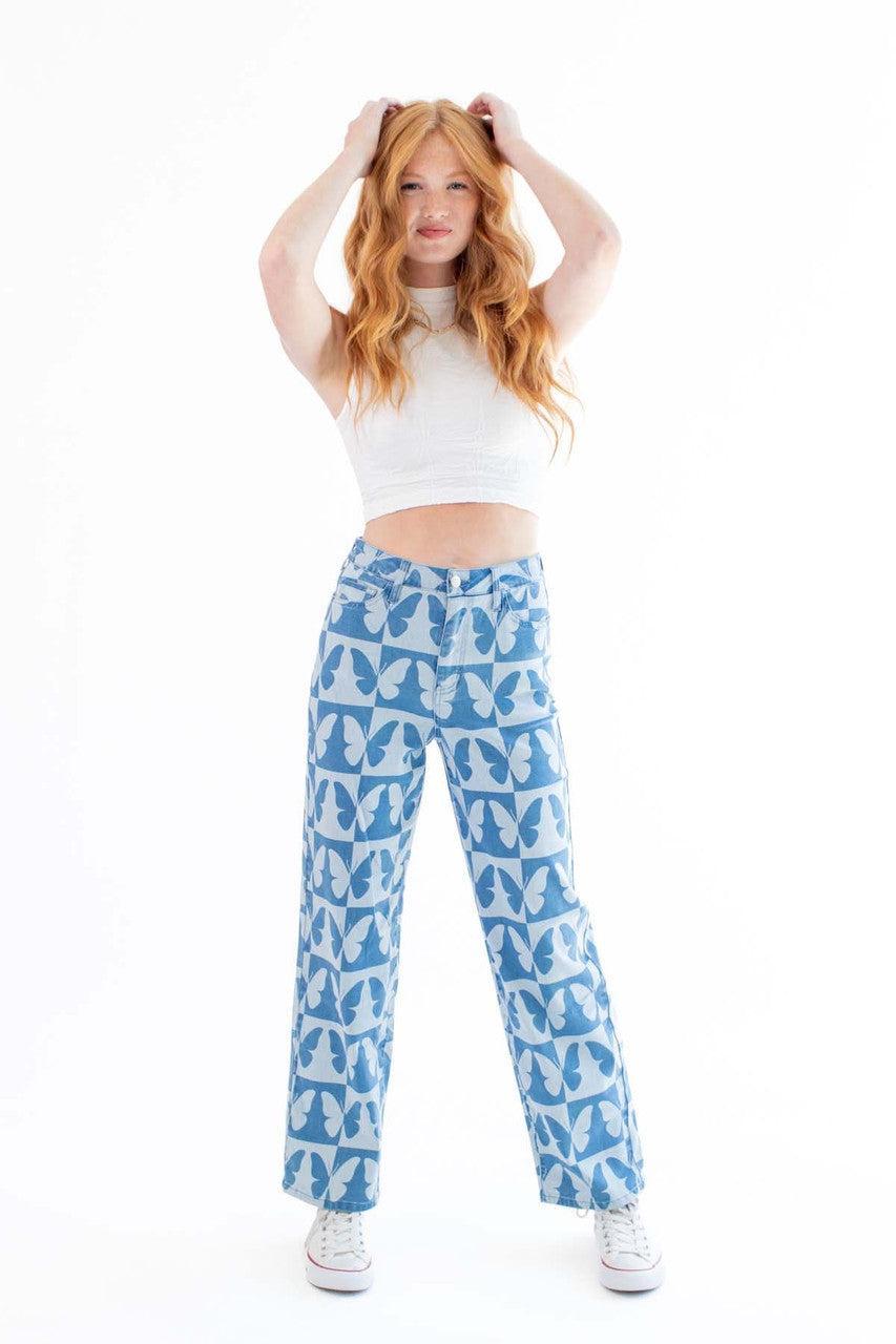 Checkered Butterfly Print Jeans Product Image
