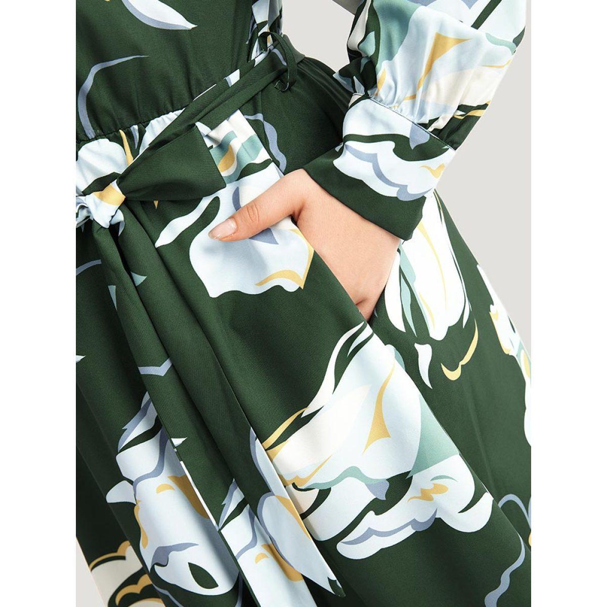 Plus Size Floral Print Belted Long Sleeve Dress DarkGreen Women Vacation Belted V-neck Long Sleeve Curvy Midi Dress BloomChic 26/4X Product Image