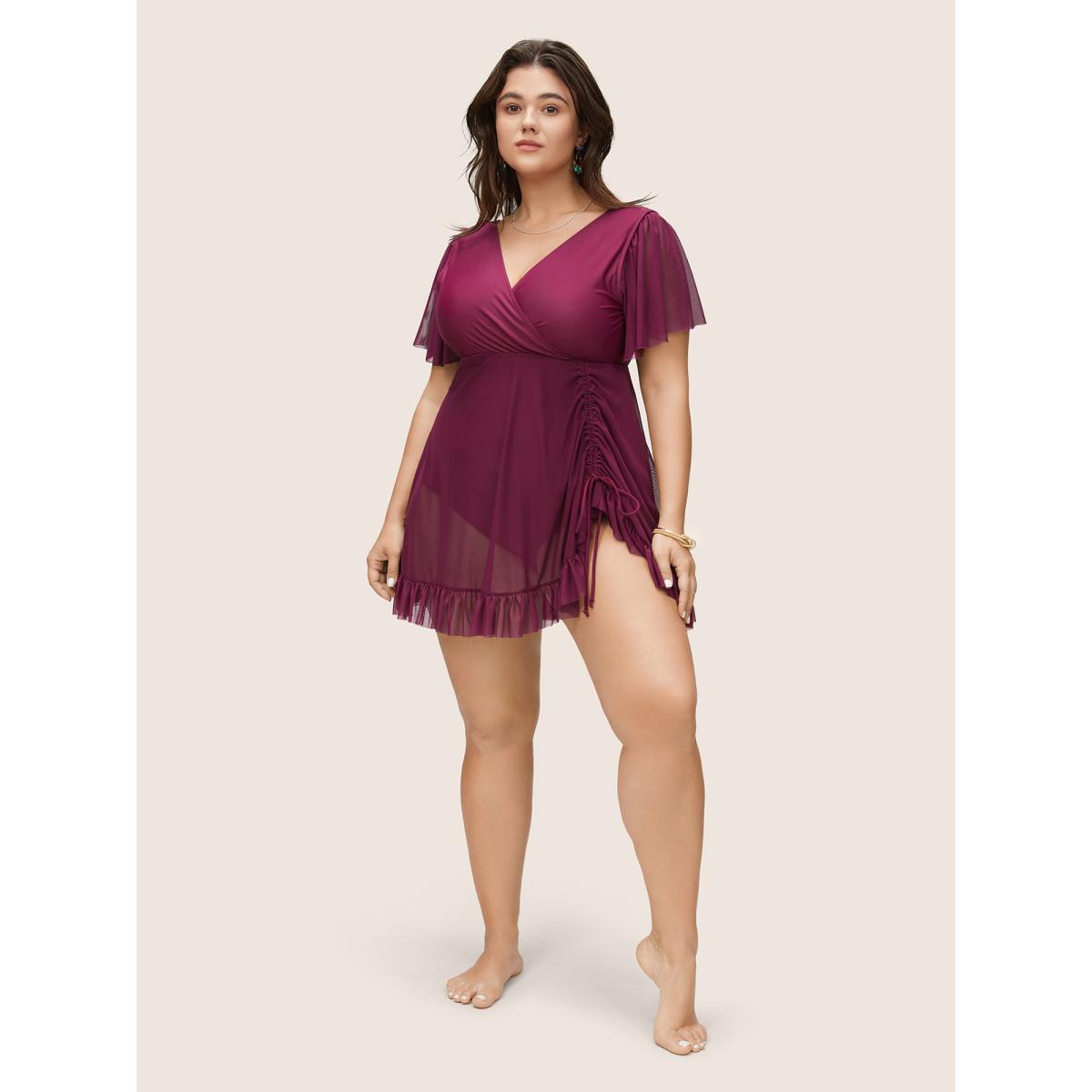 Plus Size Plain Drawstring Gathered Flutter Hem Swim Dress Women's Swimwear Burgundy Beach Bodycon V-neck High stretch Curve Swim Dresses BloomChic 18-20/2X Product Image