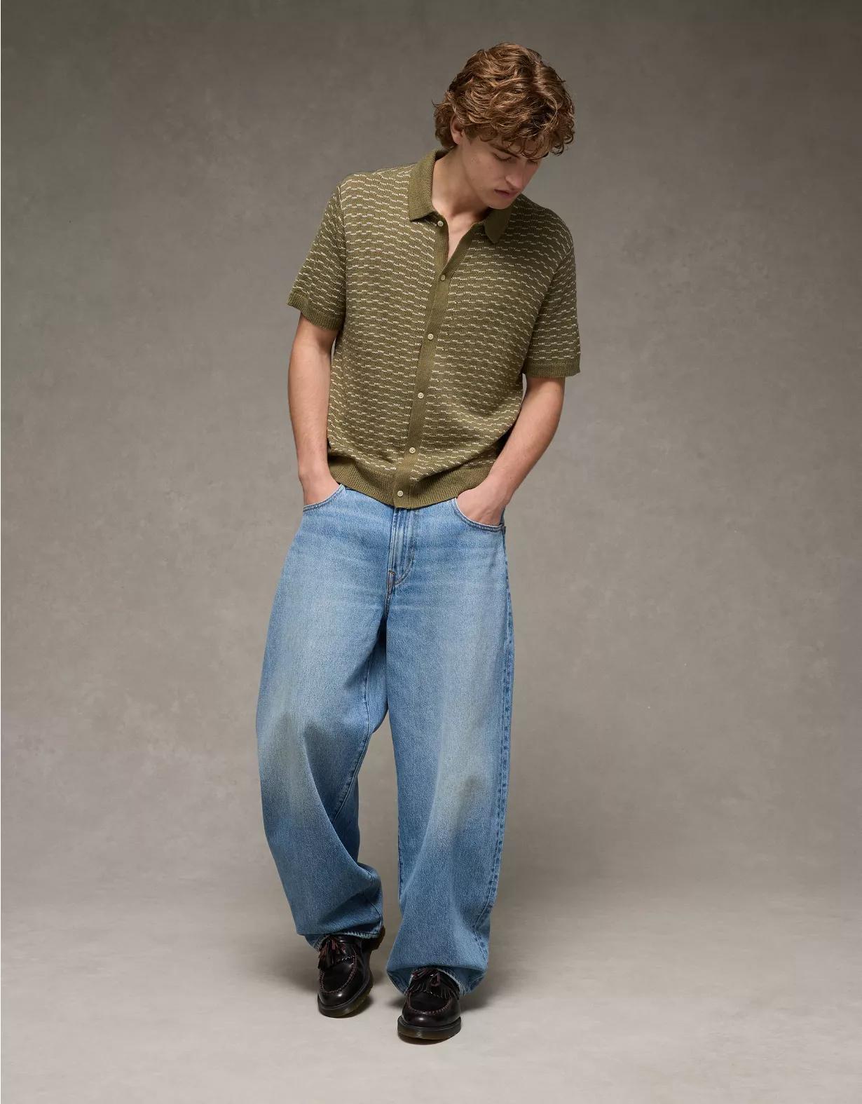 AE Weekend Striped Button-Up Sweater Polo Shirt Product Image