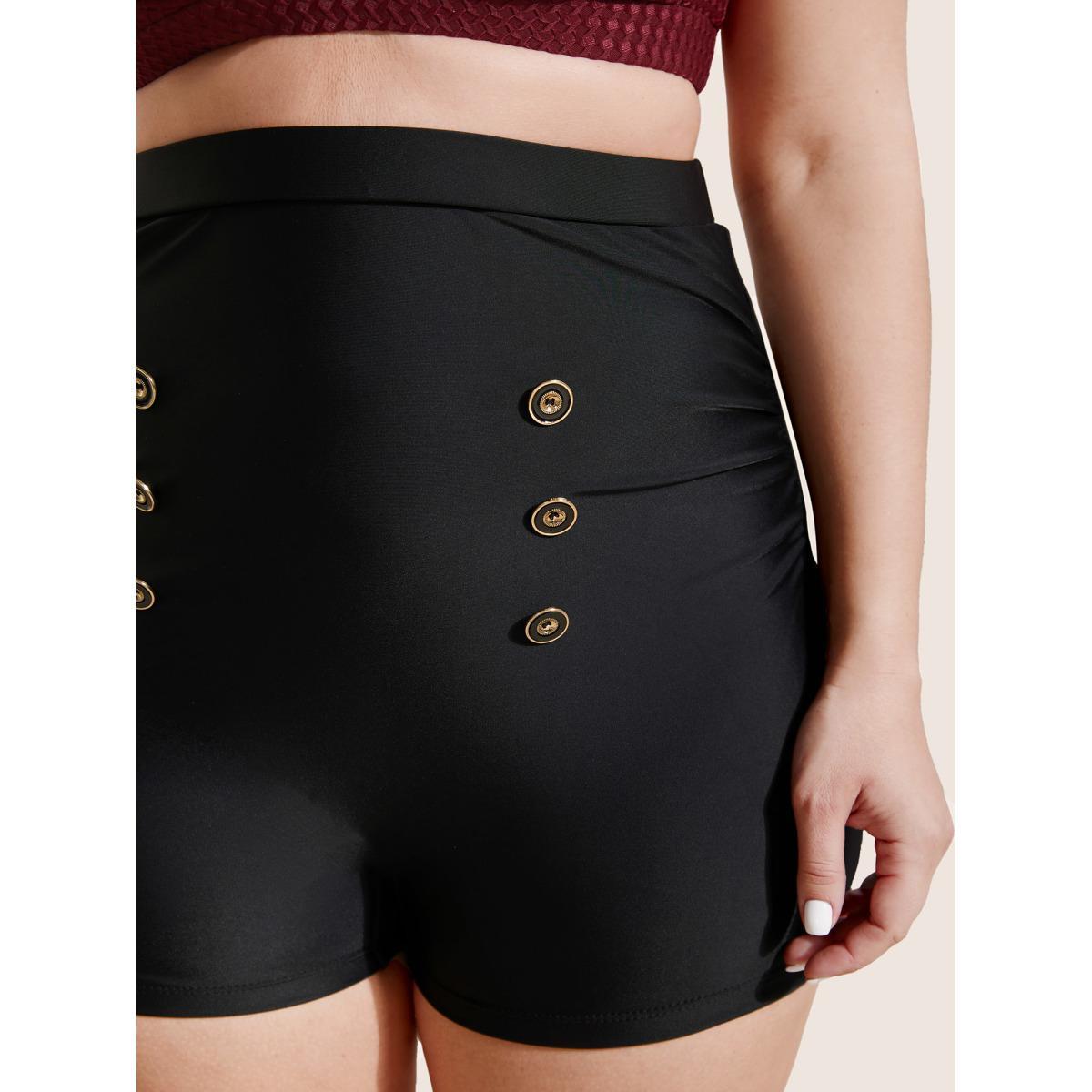 Plus Size Plain Button Detail Skinny Swim Bottom Women's Swimwear Black Beach Button High stretch Skinny High Rise Curve Swim Bottoms BloomChic 18-20/2X Product Image