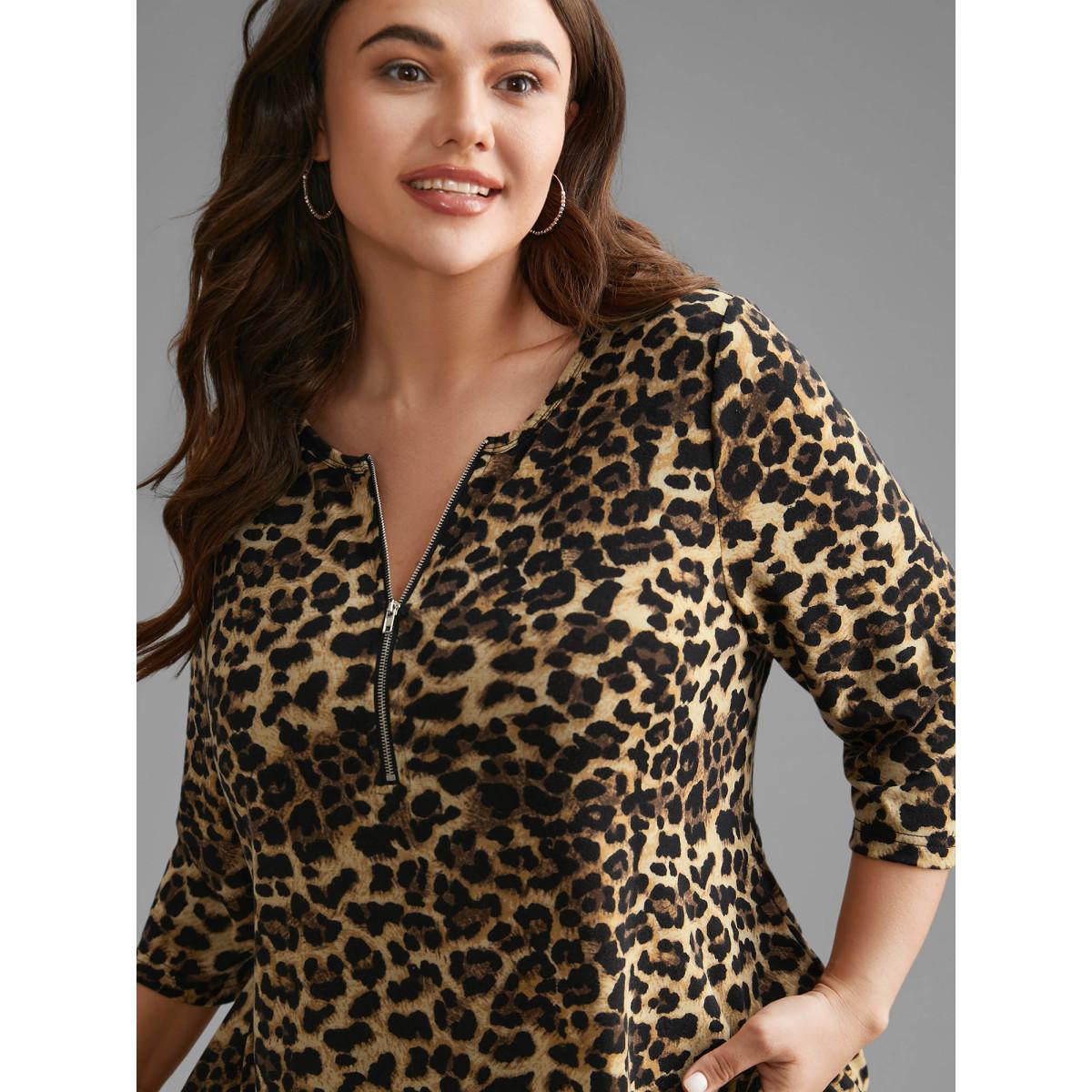 Plus Size Leopard Print Half Zipper Arc Hem T-shirt Leopard Women Casual Non Round Neck Loose Everyday T-shirts BloomChic 12/L Product Image