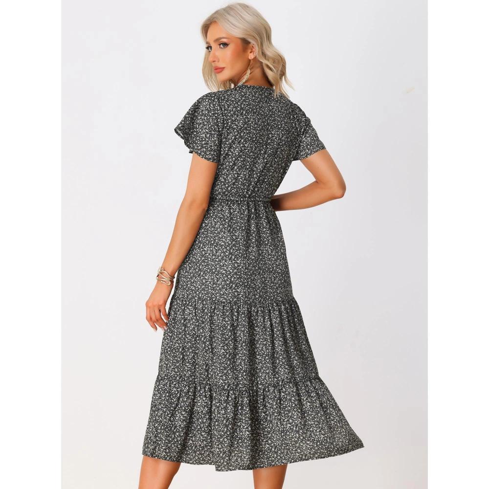 Allegra K Women's Summer Boho Casual Short Sleeve V Neck Tiered Floral Midi Dresses Product Image