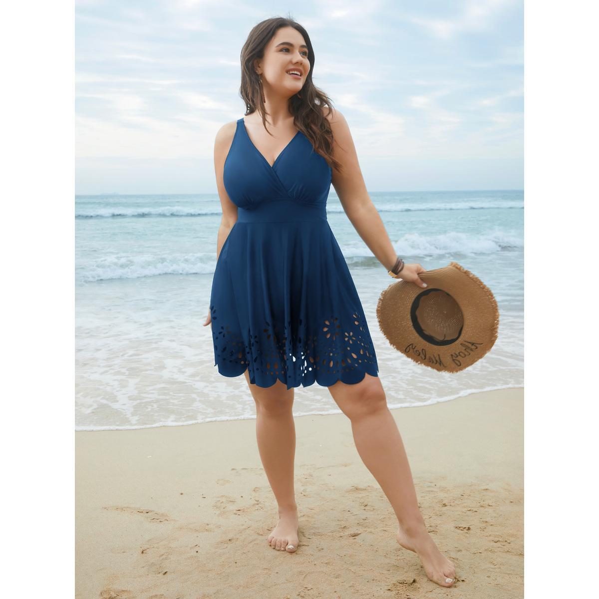 Plus Size Laser Cut Surplice Neck Waist-Cinched Swim Dress Women's Swimwear Teal Beach Bodycon Overlap Collar High stretch Curve Swim Dresses BloomChic 14-16/1X Product Image